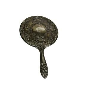 Vintage Ornate Floral Silver Hand Mirror Victorian Style Vanity Decor